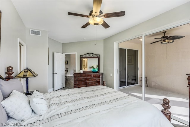 bedroom with access to outside and ceiling fan