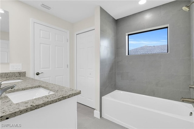 full bathroom featuring double vanity, shower / bathtub combination, tile patterned floors, and recessed lighting