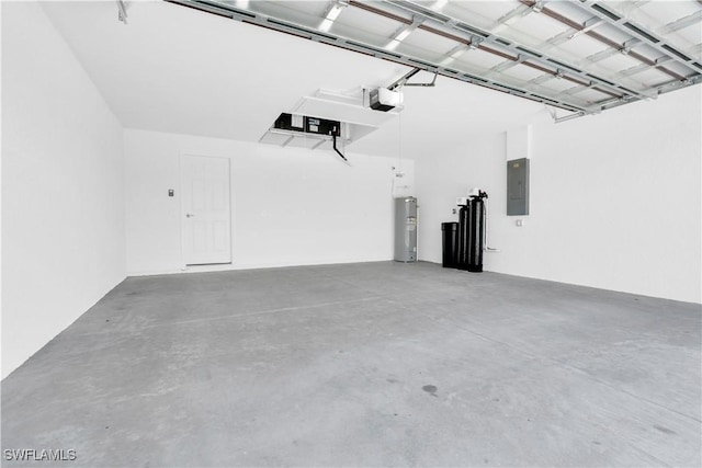 garage with electric water heater, electric panel, and a garage door opener