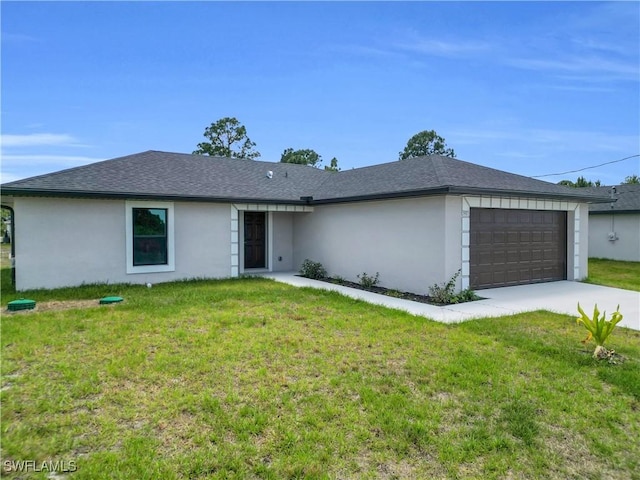 ranch-style home with an attached garage, stucco siding, concrete driveway, a front lawn, and a shingled roof