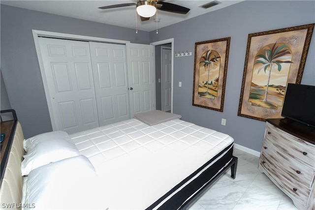 bedroom with ceiling fan and a closet