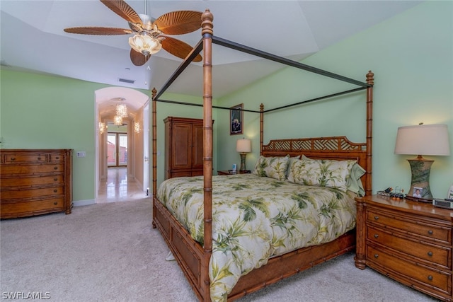 bedroom featuring light colored carpet and ceiling fan