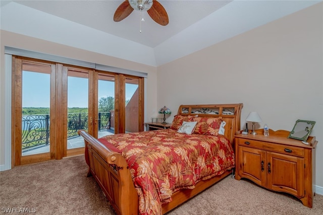 carpeted bedroom with access to outside, ceiling fan, and lofted ceiling