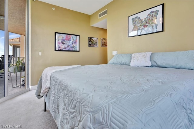 bedroom featuring access to outside, visible vents, baseboards, and light colored carpet