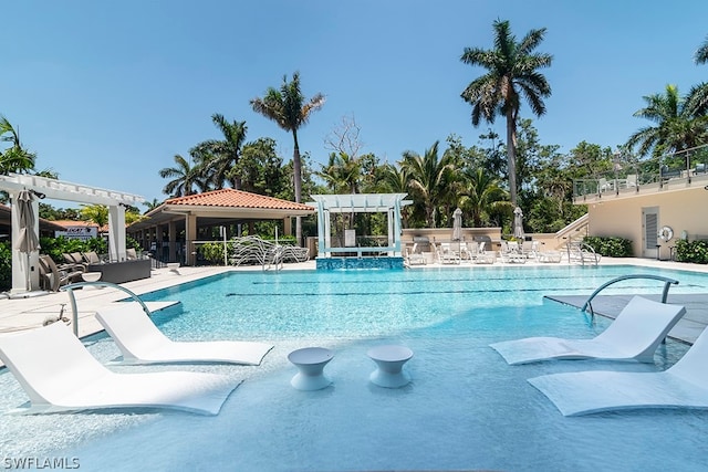 view of pool featuring an outdoor hangout area, a patio area, and a pergola