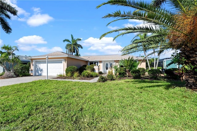 single story home with a front yard and a garage