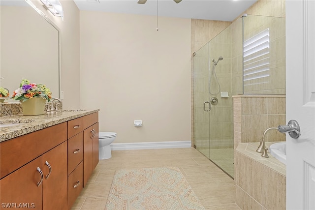 full bathroom with toilet, vanity, tile patterned flooring, ceiling fan, and shower with separate bathtub