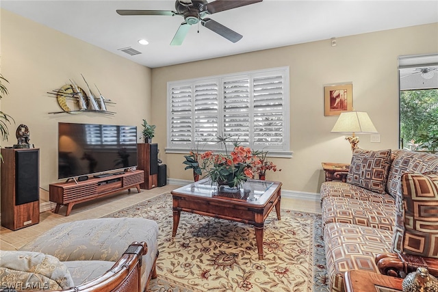 living room with ceiling fan