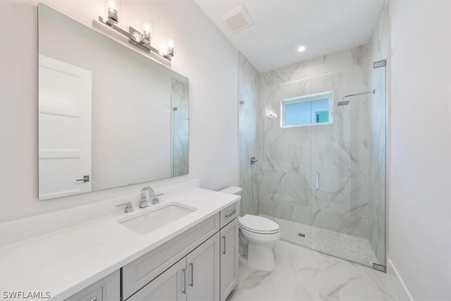 23517 Coconut Landing Dr, Estero, FL 34134 - full bathroom with toilet, recessed lighting, vanity, marble finish floor, and a marble finish shower