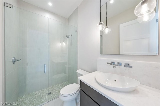 bathroom with a shower with door, vanity, and toilet