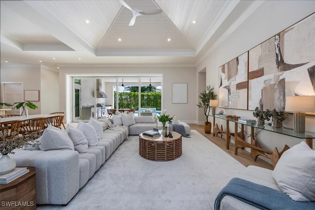 23517 Coconut Landing Dr, Estero, FL 34134 - living room with high vaulted ceiling, ornamental molding, and a raised ceiling