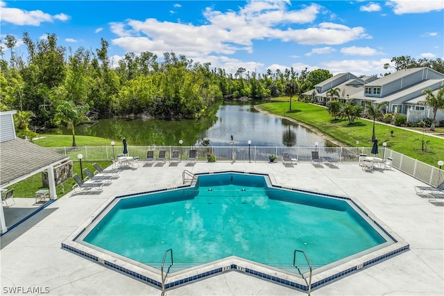 view of pool with a water view and a patio area