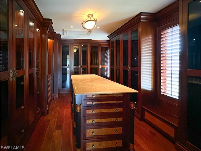 walk in closet with dark hardwood / wood-style flooring