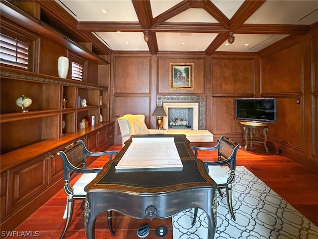 office area featuring coffered ceiling, wooden walls, beam ceiling, built in desk, and dark hardwood / wood-style floors