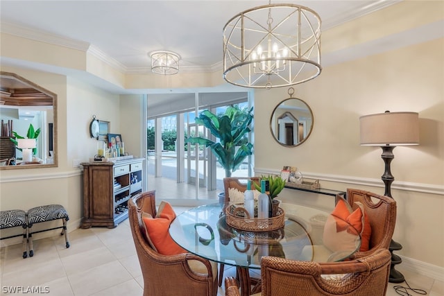 dining area featuring light tile patterned flooring, crown molding, and an inviting chandelier