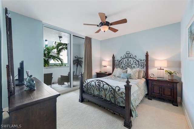 bedroom with light carpet, access to exterior, and ceiling fan