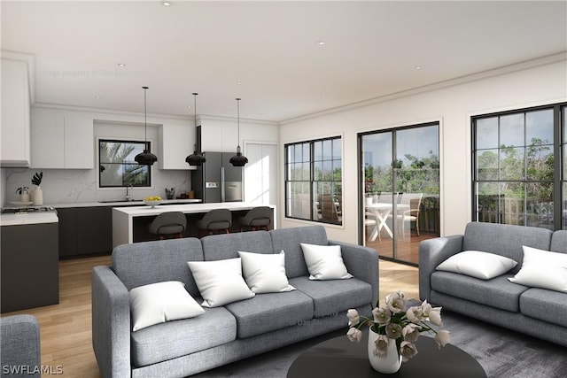 living room with crown molding and light wood-type flooring