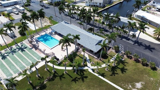 bird's eye view featuring a residential view and a water view