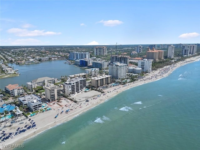 drone / aerial view with a water view and a view of the beach