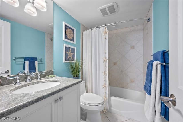 full bathroom with tile patterned floors, shower / bathtub combination with curtain, toilet, and vanity