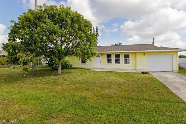 ranch-style house with a front yard and a garage