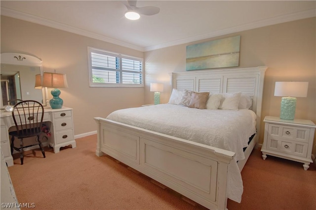 bedroom featuring light carpet, crown molding, and ceiling fan