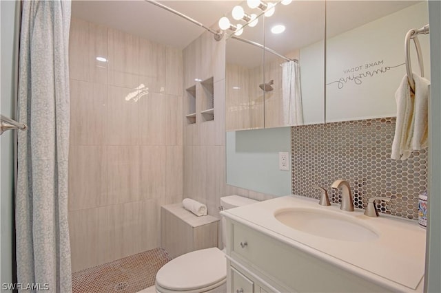 bathroom featuring walk in shower, tasteful backsplash, toilet, vanity, and tile walls