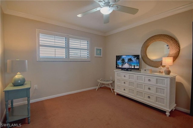 carpeted bedroom with ceiling fan and ornamental molding