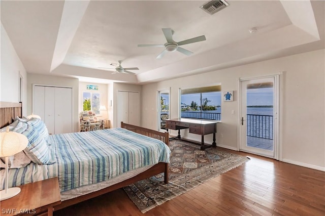 bedroom featuring ceiling fan, access to exterior, multiple windows, and a tray ceiling