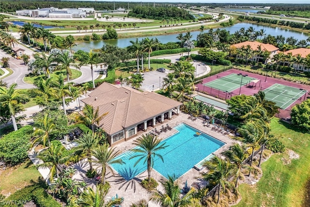 aerial view featuring a water view