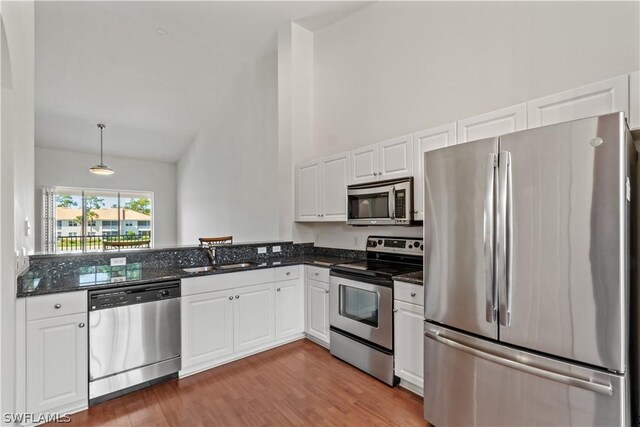 kitchen with sink, white cabinetry, dark stone countertops, stainless steel appliances, and hardwood / wood-style floors