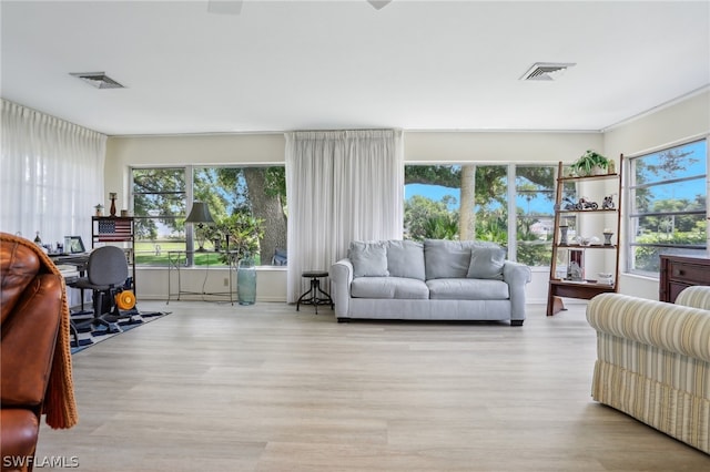 living room featuring a wealth of natural light and light hardwood / wood-style floors