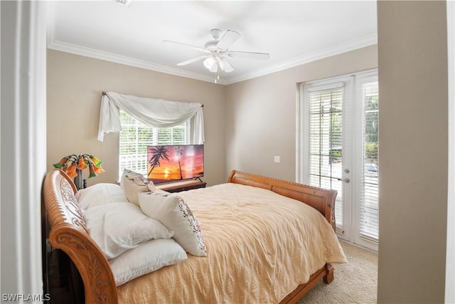 carpeted bedroom featuring multiple windows, crown molding, access to outside, and ceiling fan