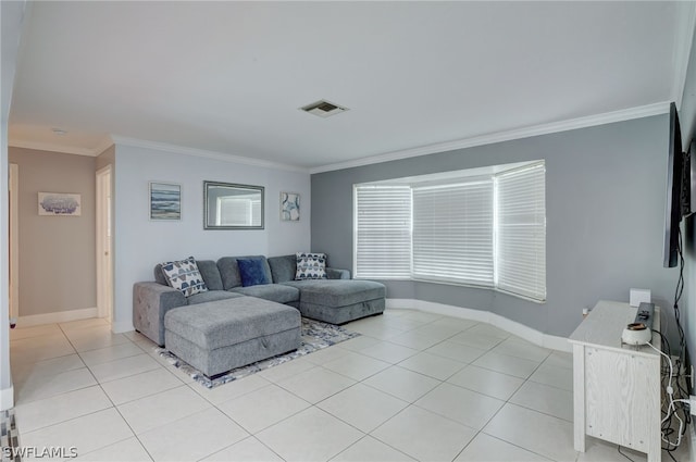 tiled living room with crown molding