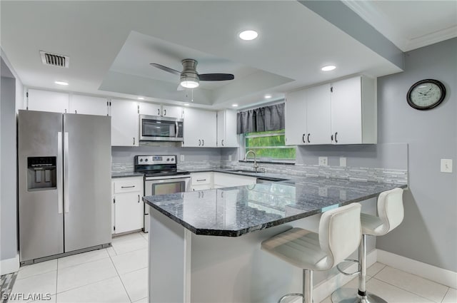 kitchen with a raised ceiling, white cabinetry, sink, and stainless steel appliances