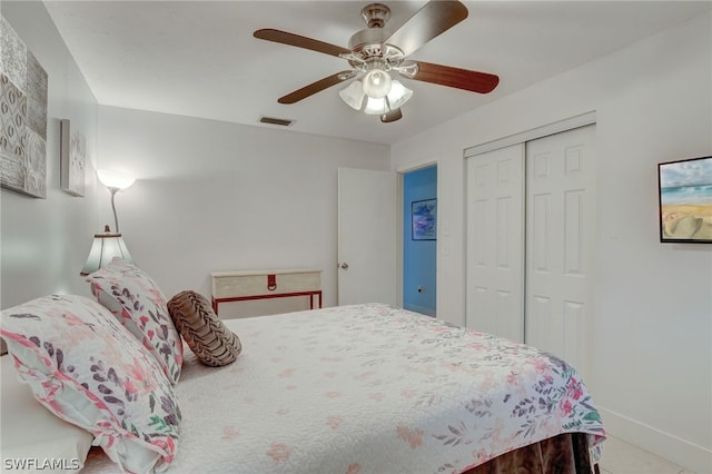 bedroom featuring ceiling fan and a closet