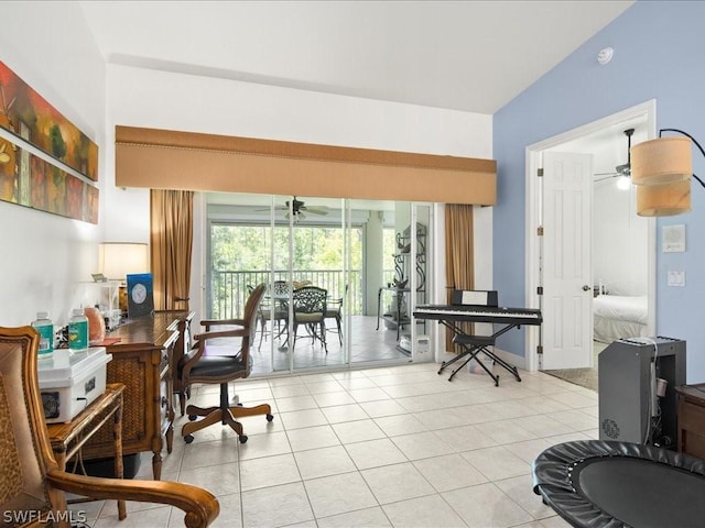 interior space with ceiling fan and light tile patterned floors