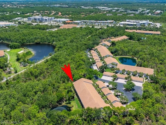 aerial view featuring a water view