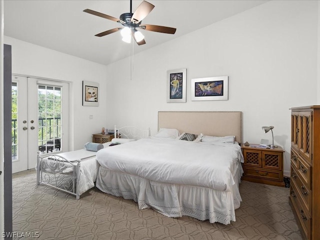 carpeted bedroom featuring french doors, ceiling fan, lofted ceiling, and access to exterior