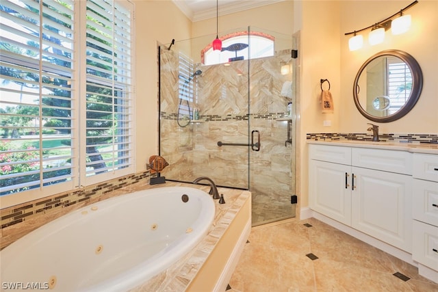 bathroom featuring tile patterned floors, vanity, crown molding, and plus walk in shower