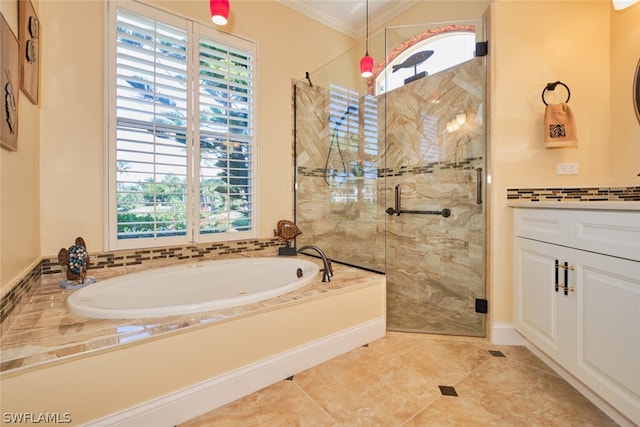 bathroom featuring tile patterned flooring, vanity, crown molding, and independent shower and bath