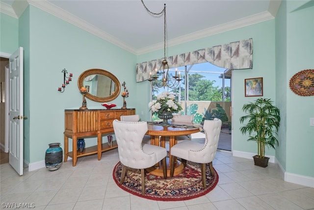 tiled dining area with a chandelier and crown molding