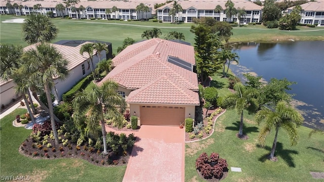 bird's eye view with a water view