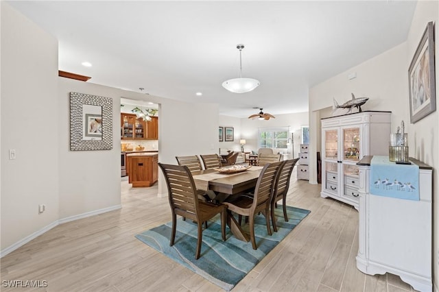 dining area with ceiling fan and light hardwood / wood-style flooring