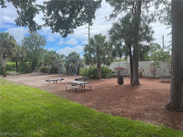 view of property's community featuring a playground and a lawn