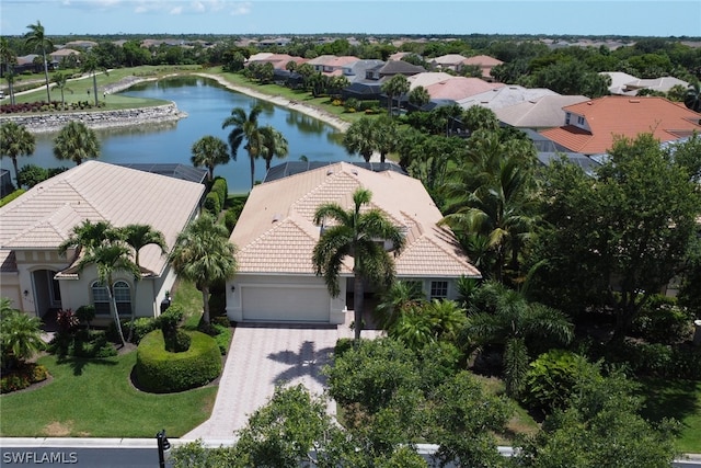 drone / aerial view featuring a water view