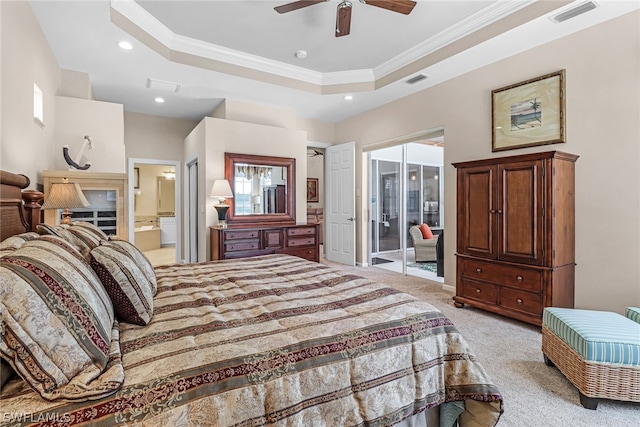 bedroom with light carpet, ceiling fan, access to exterior, ornamental molding, and connected bathroom