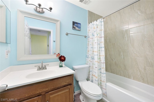 full bathroom featuring vanity, toilet, and shower / bathtub combination with curtain