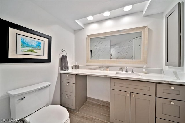 bathroom featuring toilet, a shower, and vanity