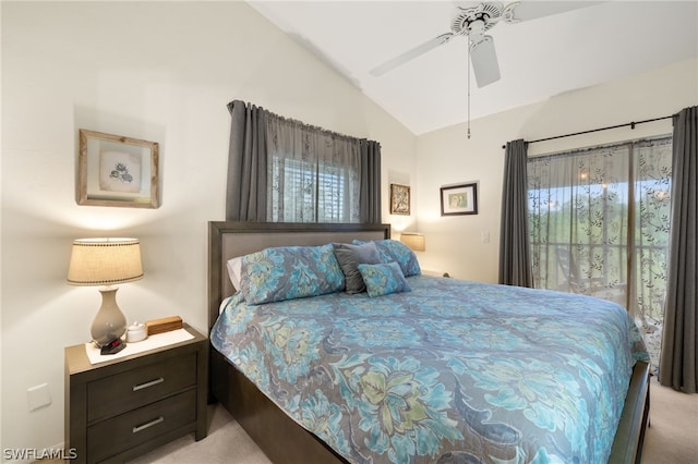 bedroom featuring lofted ceiling, access to outside, ceiling fan, and light colored carpet